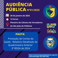 AUDIÊNCIA PÚBLICA 01/2025 - Prestação de Contas da Saúde - Relatório Detalhado do Quadrimestre Anterior - 3º RDQA de 2024