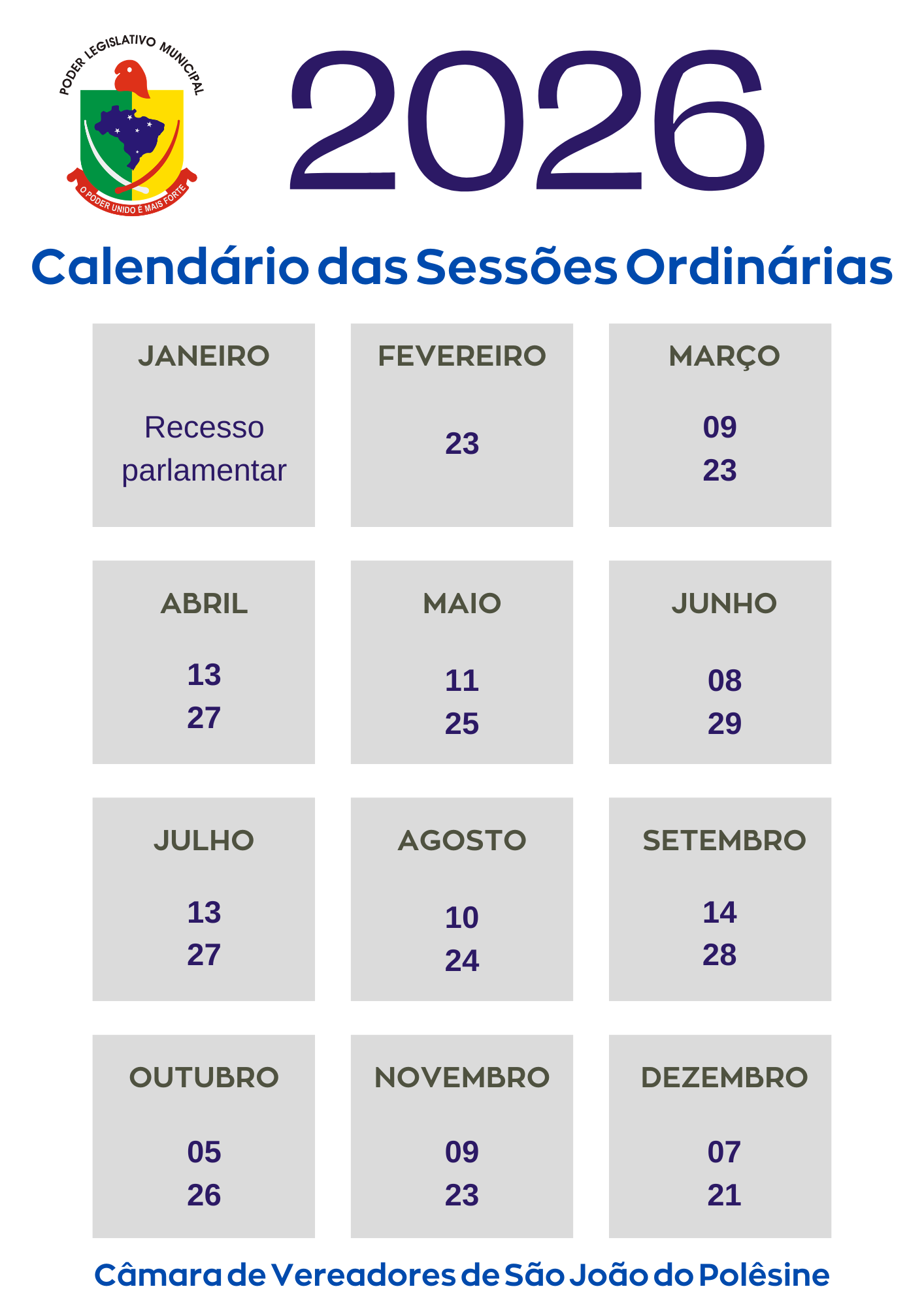 Calendário das Sessões atualizado